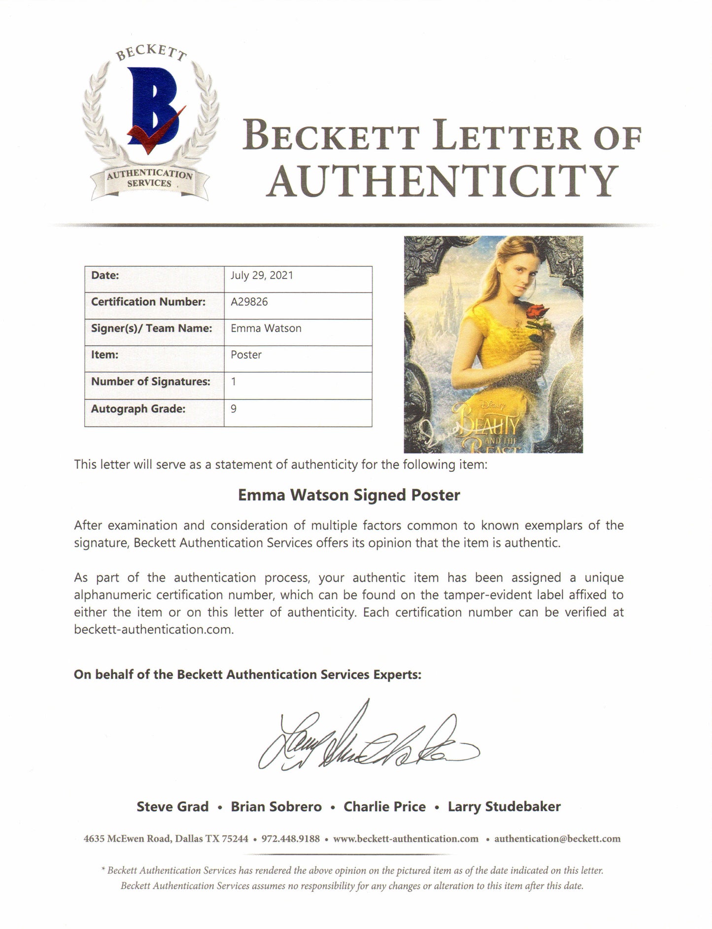 
                  
                    Emma Watson as Belle in Beauty and the Beast (Beckett) Signed 11x17 Mini Poster
                  
                