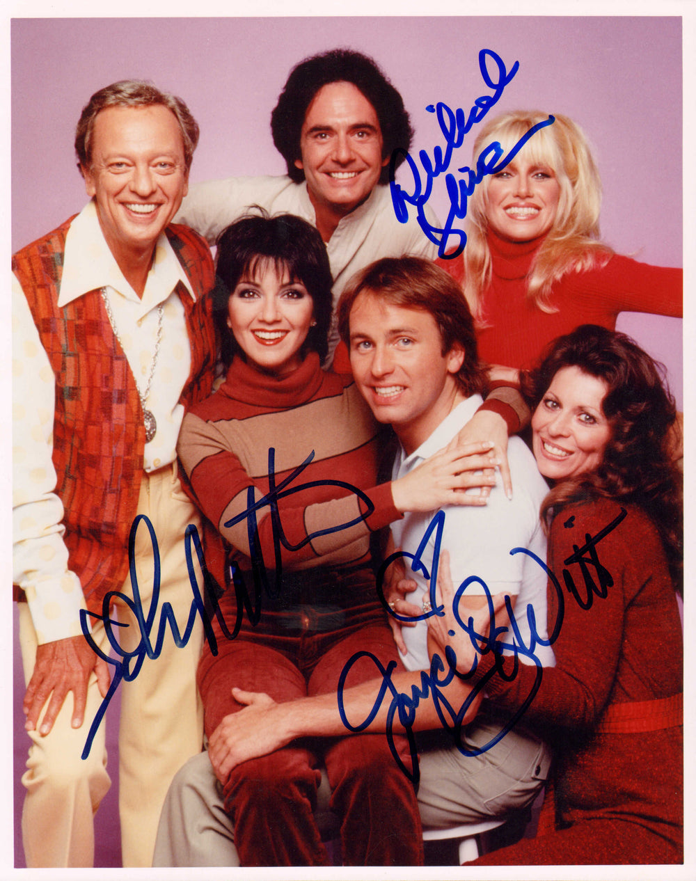 John Ritter as Jack Tripper, Joyce DeWitt as Janet Wood, & Richard Kline as Larry Dallas in Three's Company Signed 8x10 Photo
