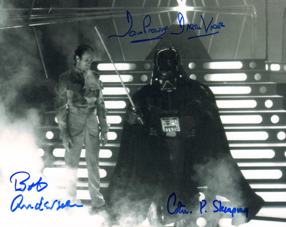 Dave Prowse as Darth Vader, Bob Anderson & Colin Skeaping as Stunt Performers in Star Wars: The Empire Strikes Back Signed 8x10 Photo with Character Name