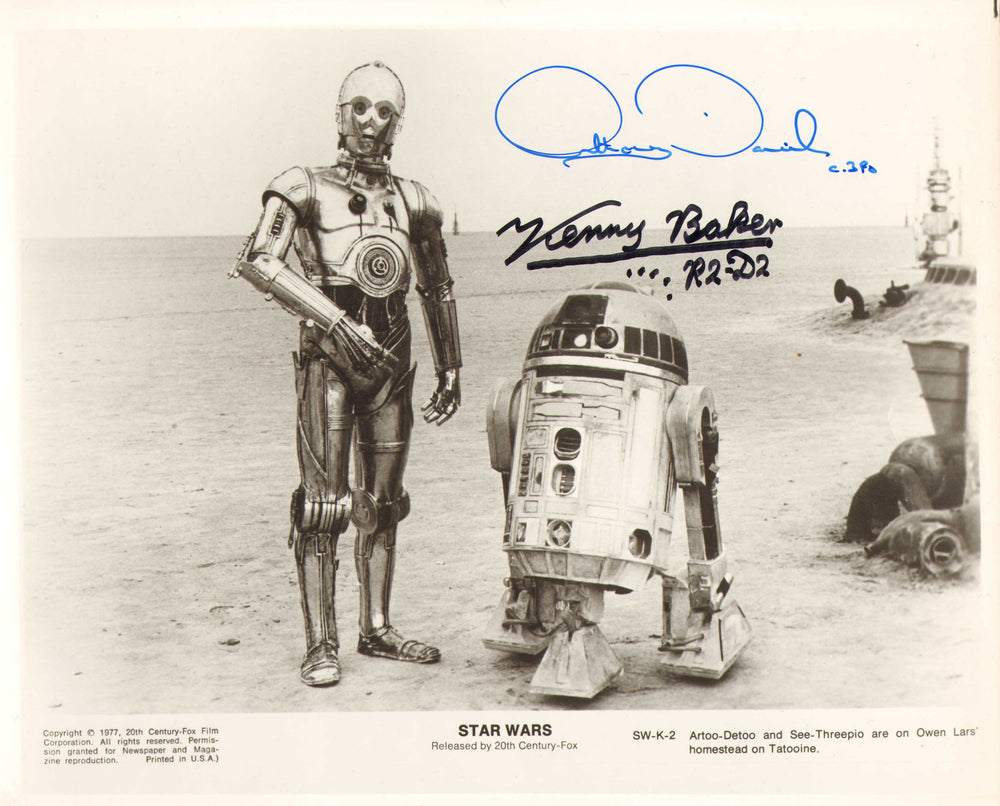 Anthony Daniels as C-3PO & Kenny Baker as R2-D2 in Star Wars: A New Hope Signed 8x10 Press Photo with Character Names