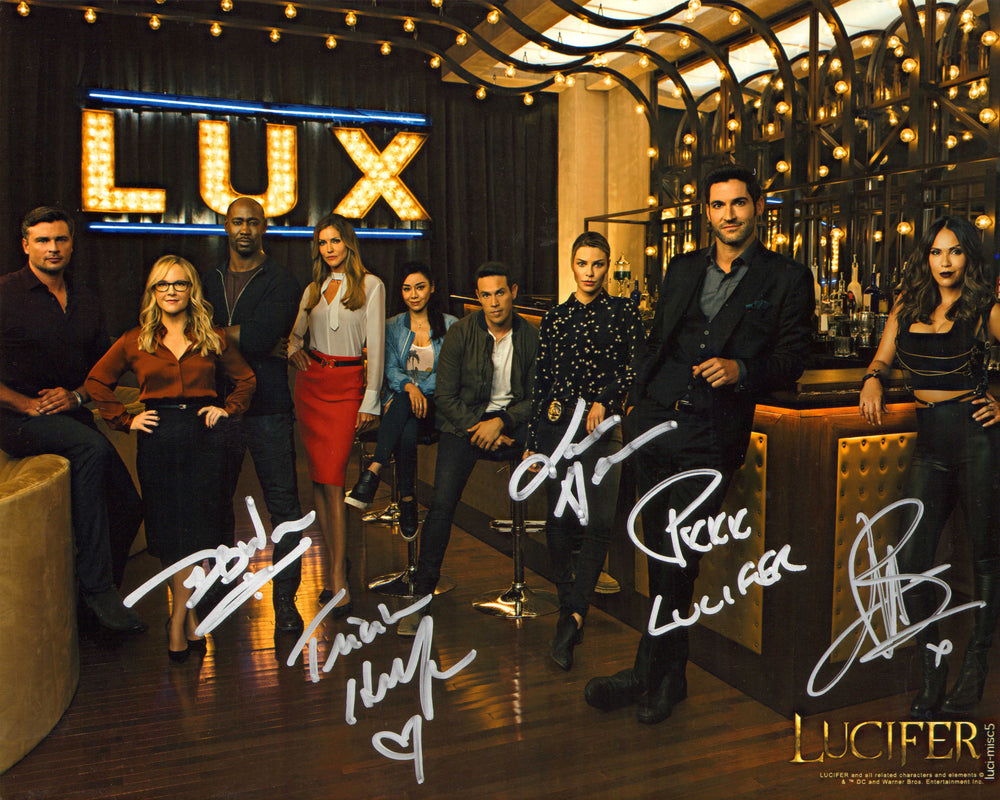 Lucifer 8x10 Photo Cast Signed by Tom Ellis, Lauren German, D.B. Woodside, Tricia Helfer, & Lesley-Ann Brandt with Character Name