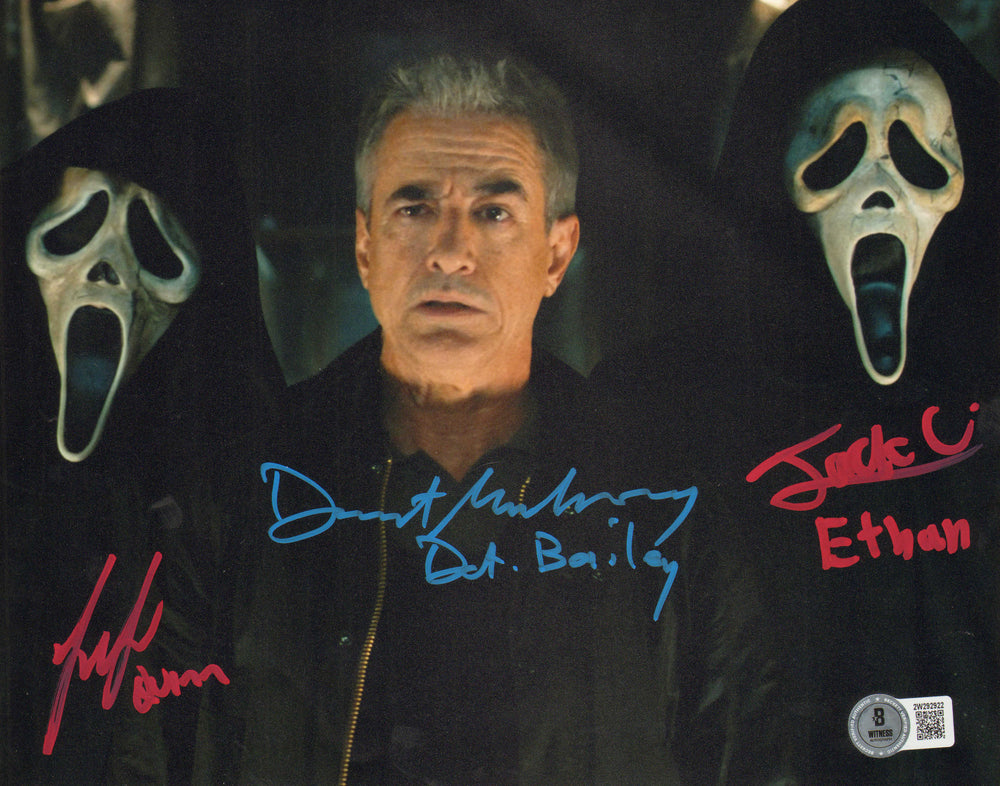 Dermot Mulroney as Detetcive Bailey, Liana Liberato as Quinn, & Jack Champion as Ethan in Scream VI (Beckett) Signed 8x10 Photo with Character Names
