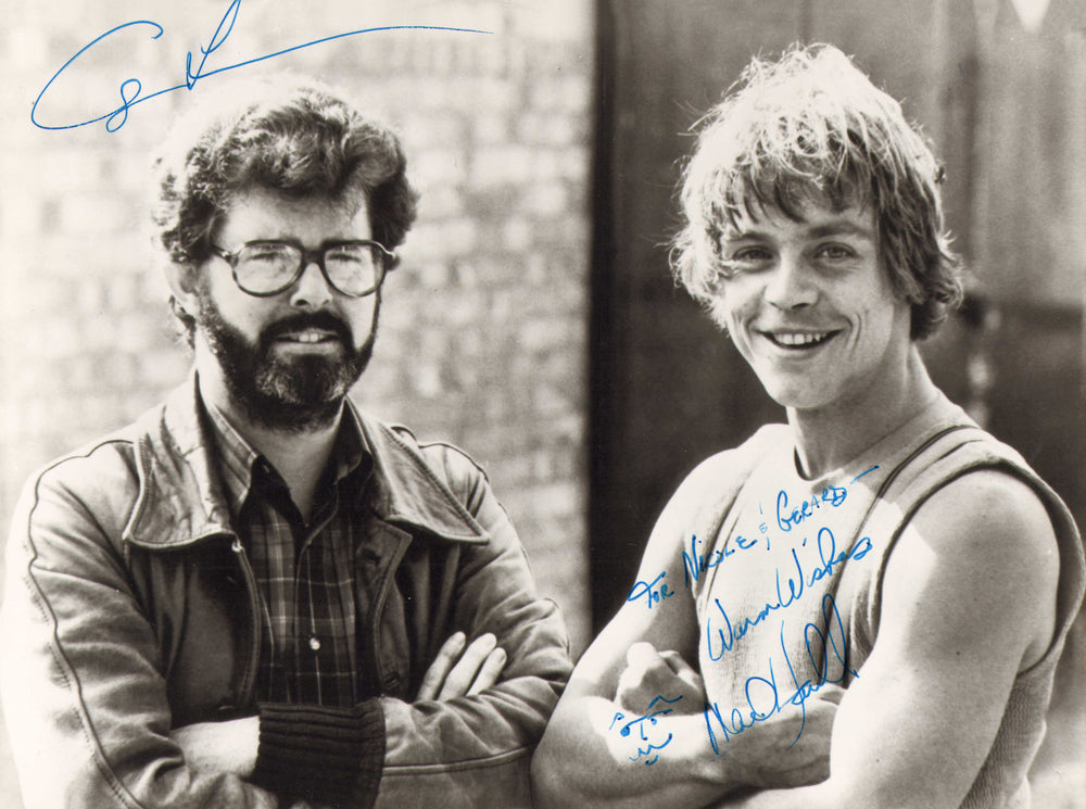 George Lucas Creator / Director of Star Wars with Luke Skywalker Mark Hamill Behind the Scenes of The Empire Strikes Back Vintage Signed 8x10 Photo
