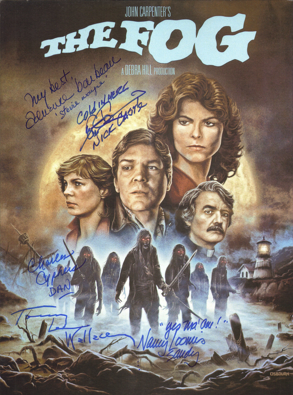 The Fog 11x17 Mini Poster Cast Signed by Tommy Lee Wallace, Tom Adkins, Adrienne Barbeau, Charles Cyphers, & Nancy Loomis with Character Names & Quotes
