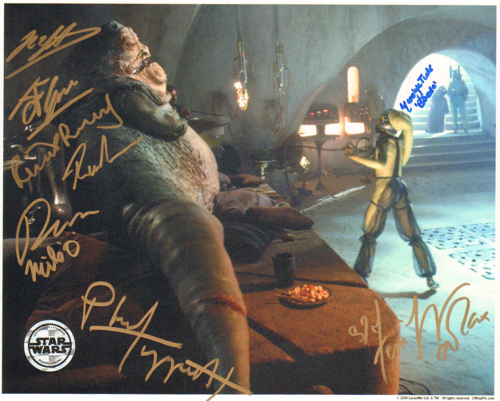 Jabba The Hutt in Star Wars: Return of the Jedi (Official Pix) 8x10 Photo Signed by Femi Taylor, Phil Tippett, Richard Padbury, Bob Bromley, Michael Osborn, John Coppinger, Jez Harris, Bob Keen, & Marolyn Turk