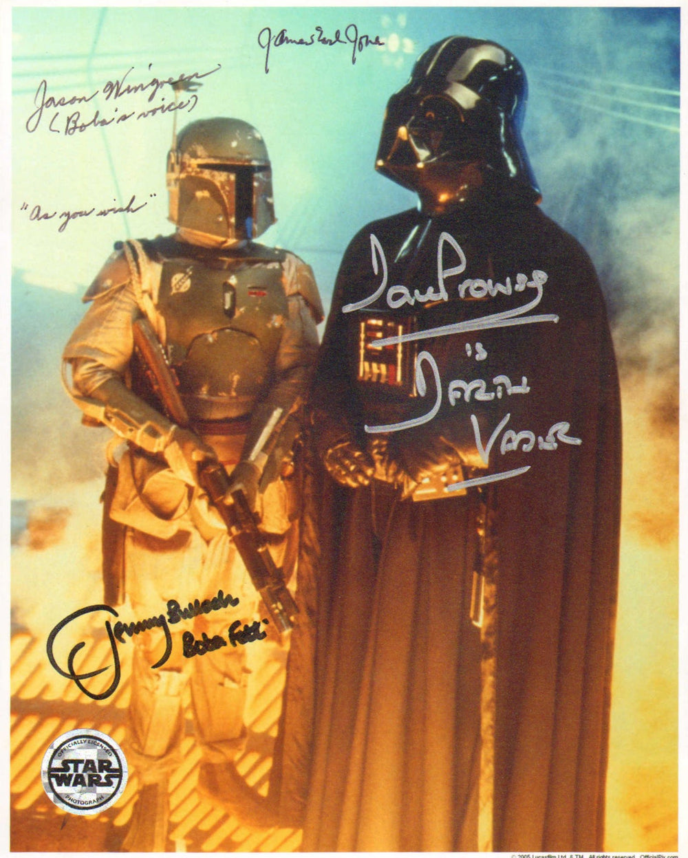 James Earl Jones & Dave Prowse as Darth Vader with Jeremy Bulloch & Jason Wingreen as Boba Fett in Star Wars: The Empire Strikes Back (Official Pix) Signed 8x10 Photo with Character Names & Quote