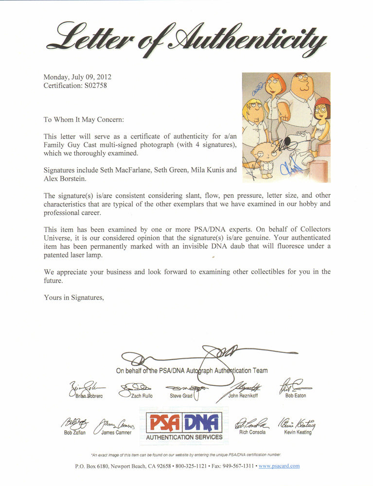 
                  
                    Family Guy (PSA) 11x14 Photo Cast Signed by Seth MacFarlane, Seth Green, Mila Kunis, & Alex Borstein
                  
                