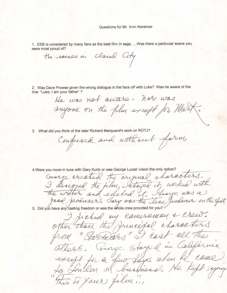 
                  
                    Irvin Kershner Director of Star Wars: The Empire Strikes Back Handwritten Q&A Pages
                  
                