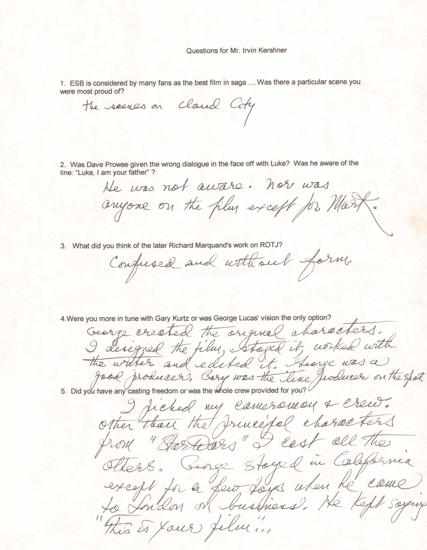 
                  
                    Irvin Kershner Director of Star Wars: The Empire Strikes Back Handwritten Q&A Pages
                  
                