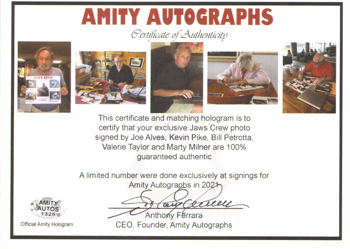 
                  
                    Jaws 11x14 Photo Cast Signed by Joe Alves, Kevin Pike, Bill Petrotta, Valerie Taylor, & Marty Milner
                  
                