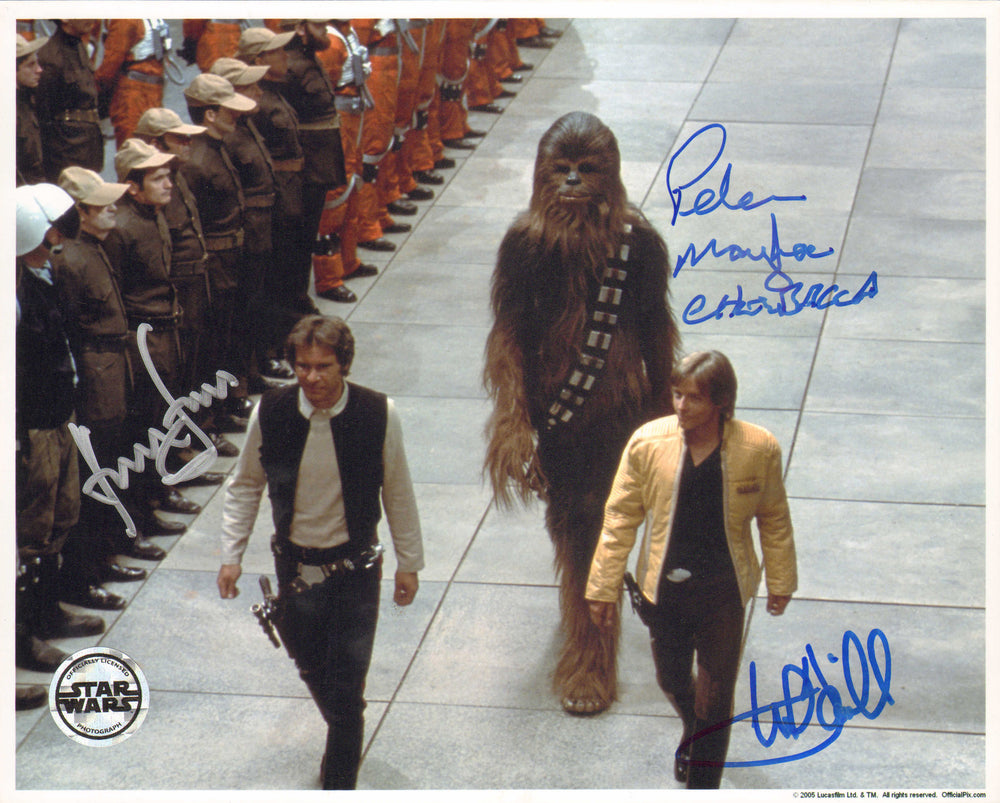 Harrison Ford as Han Solo, Mark Hamill as Luke Skywalker, & Peter Mayhew Chewbacca in Star Wars: A New Hope (Official Pix) Signed 8x10 Photo