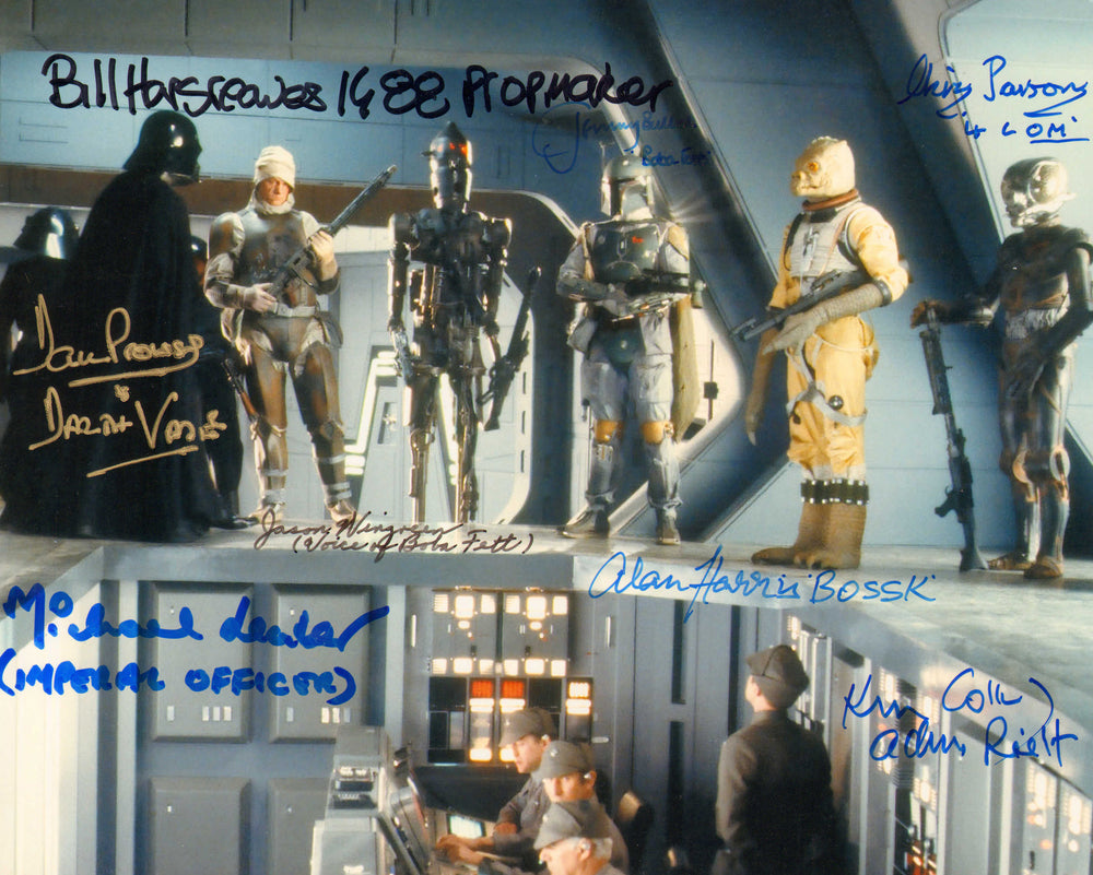 Star Wars: The Empire Strikes Back Darth Vader with Bounty Hunters 8x10 Photo Cast Signed by Dave Prowse, Jeremy Bulloch, Bill Hargreaves, Alan Harris, Chris Parsons, Michael Leader, Kenneth Colley, & Jason Wingreen with Character Names