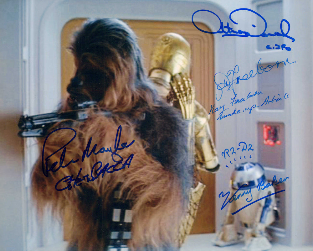 Star Wars: The Empire Strikes Back Escape from Cloud City 8x10 Photo Cast Signed by Peter Mayhew, Kenny Baker, Anthony Daniels, & Make-Up Artists Kay & Stuart Freeborn with Character Names