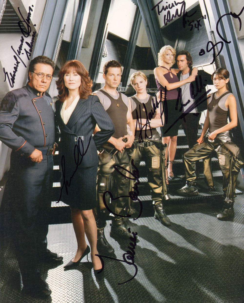 Battlestar Galactica 8x10 Photo Cast Signed by Edward James Olmos, Mary McDonnell, Jamie Bamber, Katie Sackhoff, James Callis, Grace Park, & James Callis with Character Names
