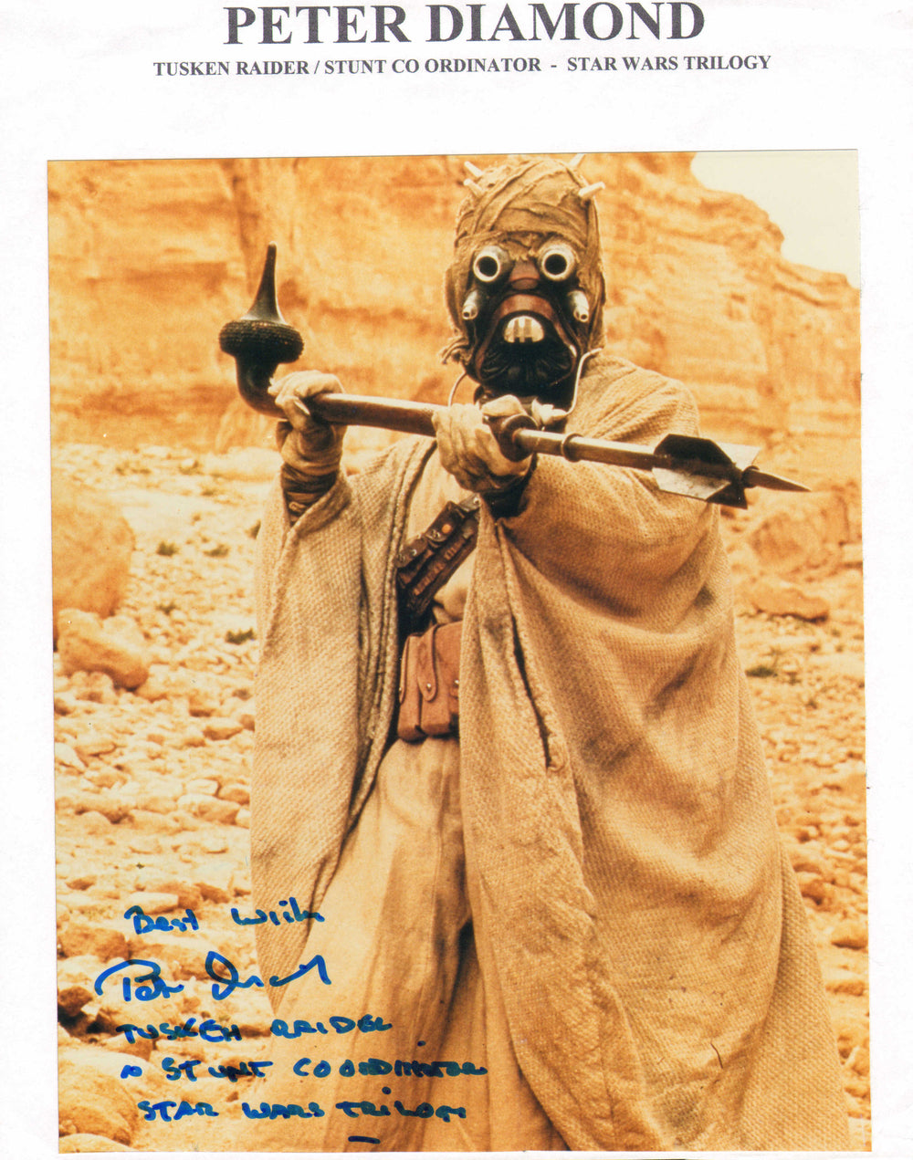 Peter Diamond as a Tusken Raider & Stunt Co-Ordinator in Star Wars: A New Hope Signed 8x10 Photo with Character Name
