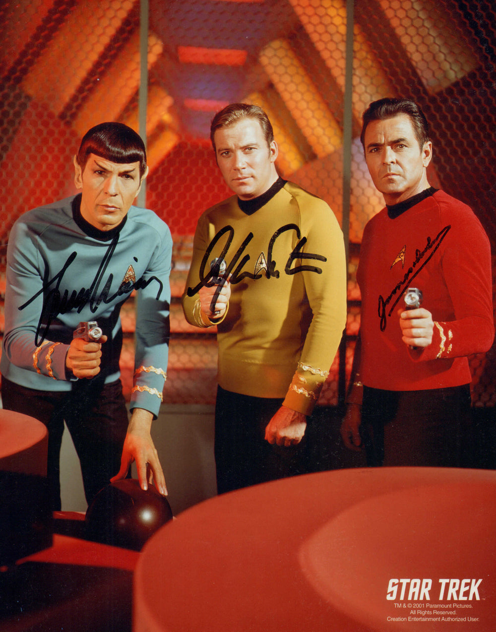 William Shatner as Captain Kirk, Leonard Nimoy as Spock, & James Doohan as Scotty in Star Trek: The Original Series Signed 8x10 Photo