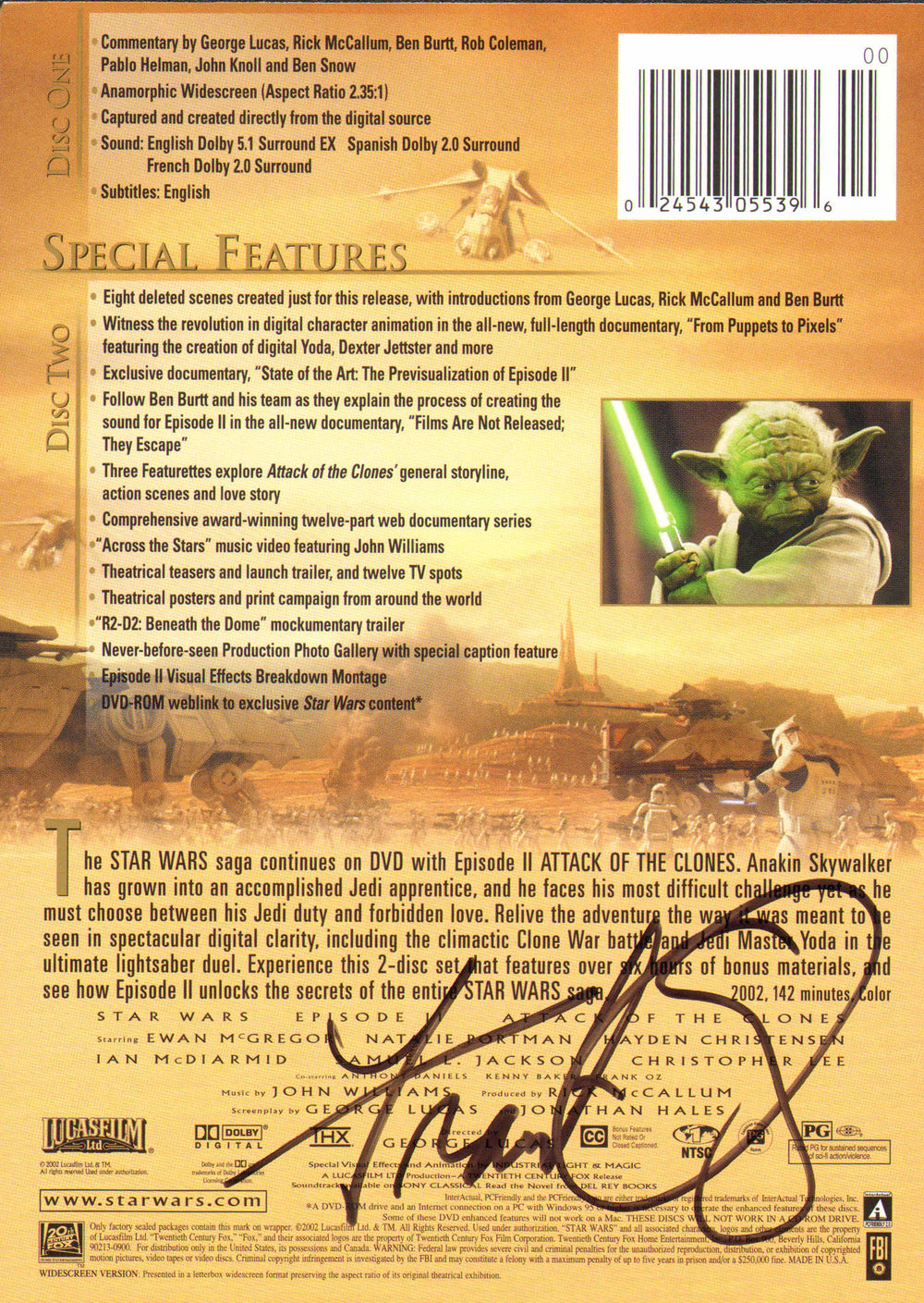 Frank Oz as Yoda in Star Wars Episode II: Attack of the Clones Signed DVD Back Cover