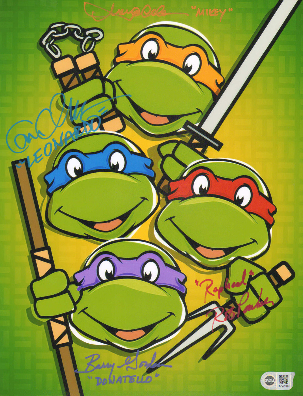Cam Clarke as Leonardo, Barry Gordon as Donatello, Townsend Coleman as Mikey & Rob Paulsen as Raphael  Teenage Mutant Ninja Turtles The Animated Series (SWAU) Signed 11x14 Mini Poster with Character Names