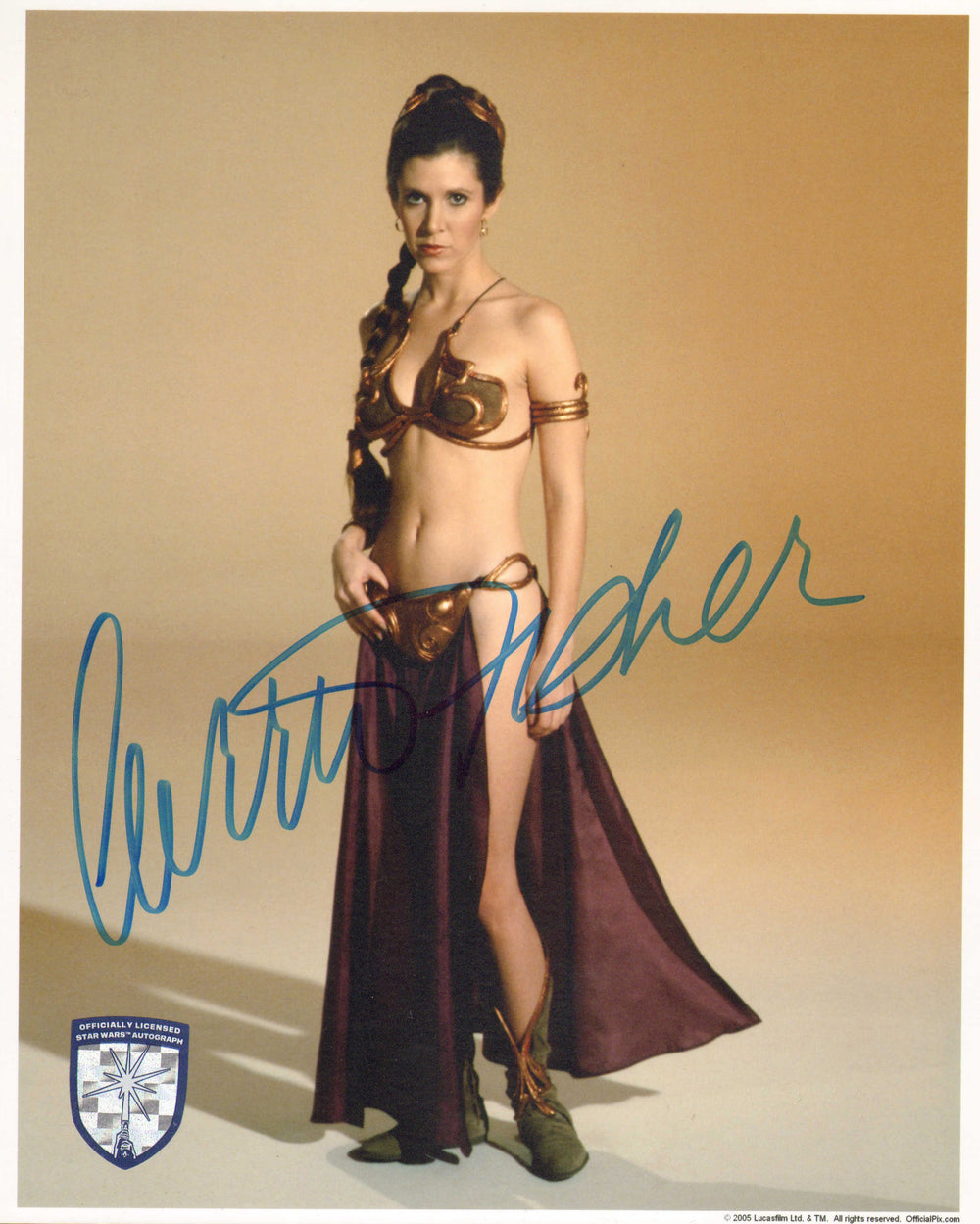 Carrie Fisher as Slave Princess Leia in Star Wars: Return of the Jedi (Official Pix Lightsaber Shield) Signed 8x10 Photo