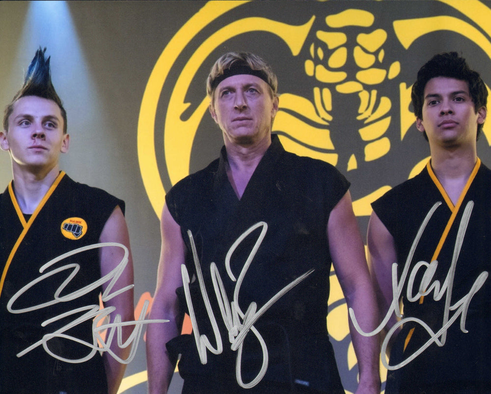 William Zabka as Johnny Lawrence, Xolo Maridueña as Miguel Diaz, & Jacob Bertrand as Eli Moskowitz in Cobra Kai Signed 8x10 Photo