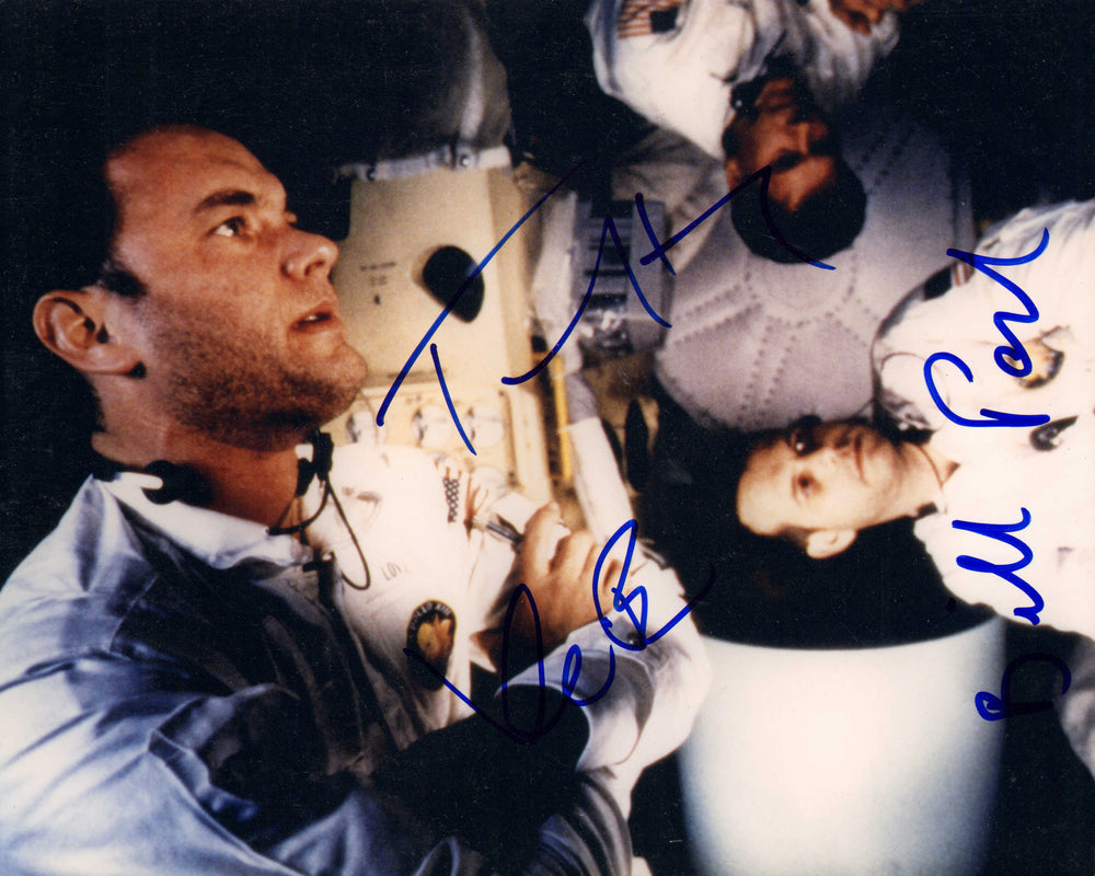 Tom Hanks as Commander Jim Lovell, Kevin Bacon as Command Module Pilot Jack Swigert, & Bill Paxton as Lunar Module Pilot Fred Haise in Apollo 13 Signed 8x10 Photo
