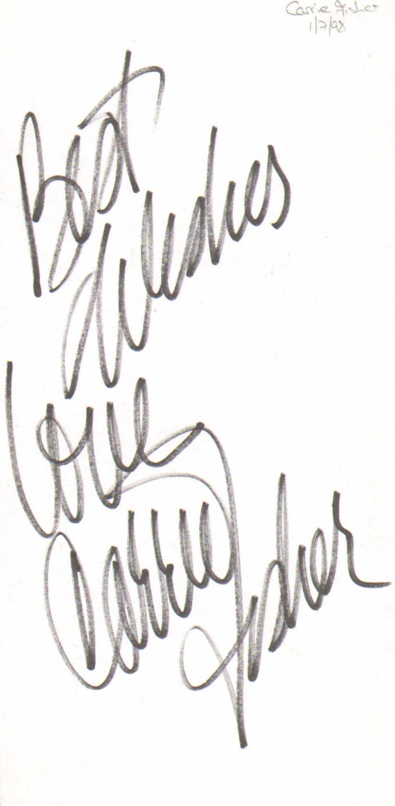 Carrie Fisher Princess Leia from Star Wars Signed 4.5x8.5 Index Card