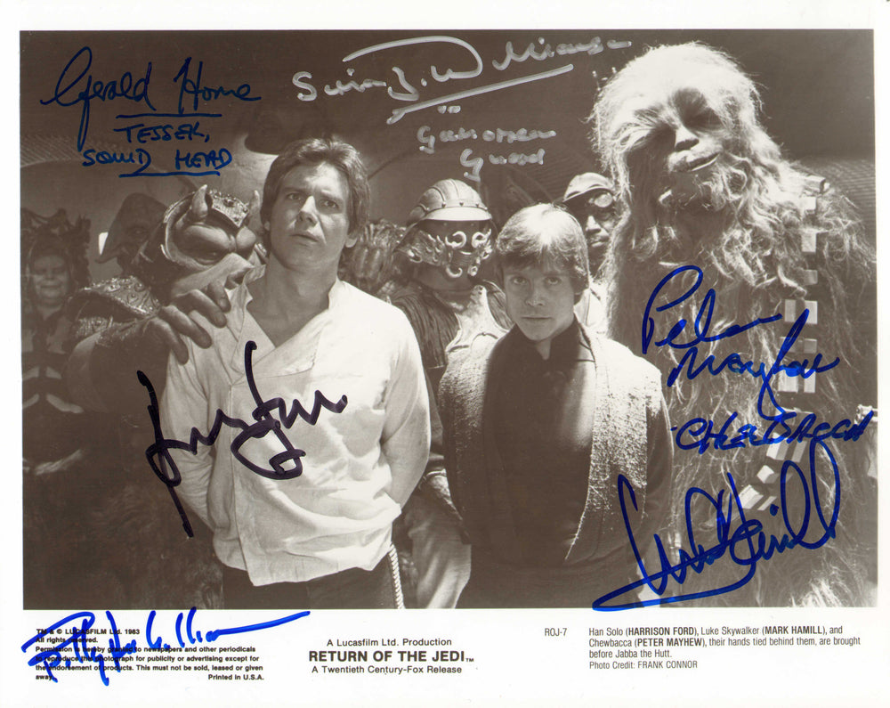 Star Wars: Return of the Jedi 8x10 Vintage Press Photo Cast Signed by Harrison Ford, Mark Hamill, Peter Mayhew, Billy Dee Williams, Gerald Home, & Simon Williamson