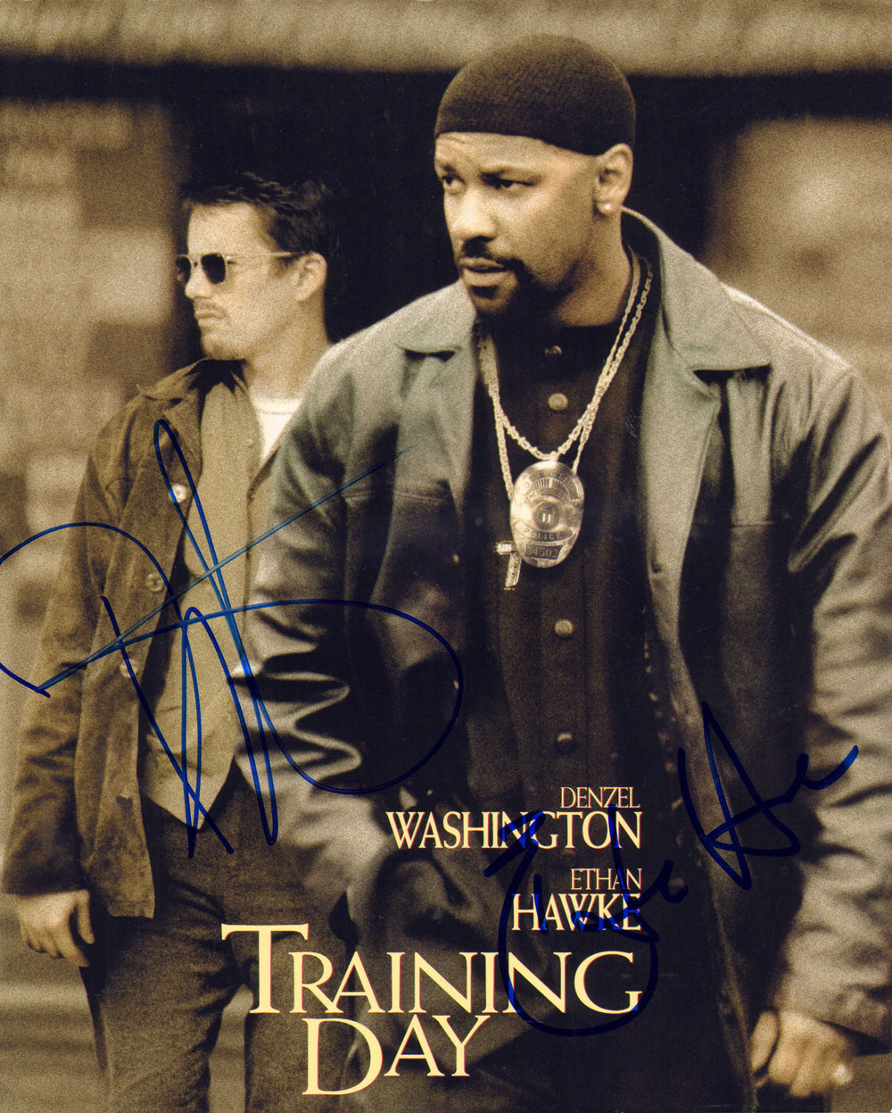 Ethan Hawke as Officer Jake Hoyt & Denzel Washington as Alonzo Harris in Training Day Signed 8x10 Photo