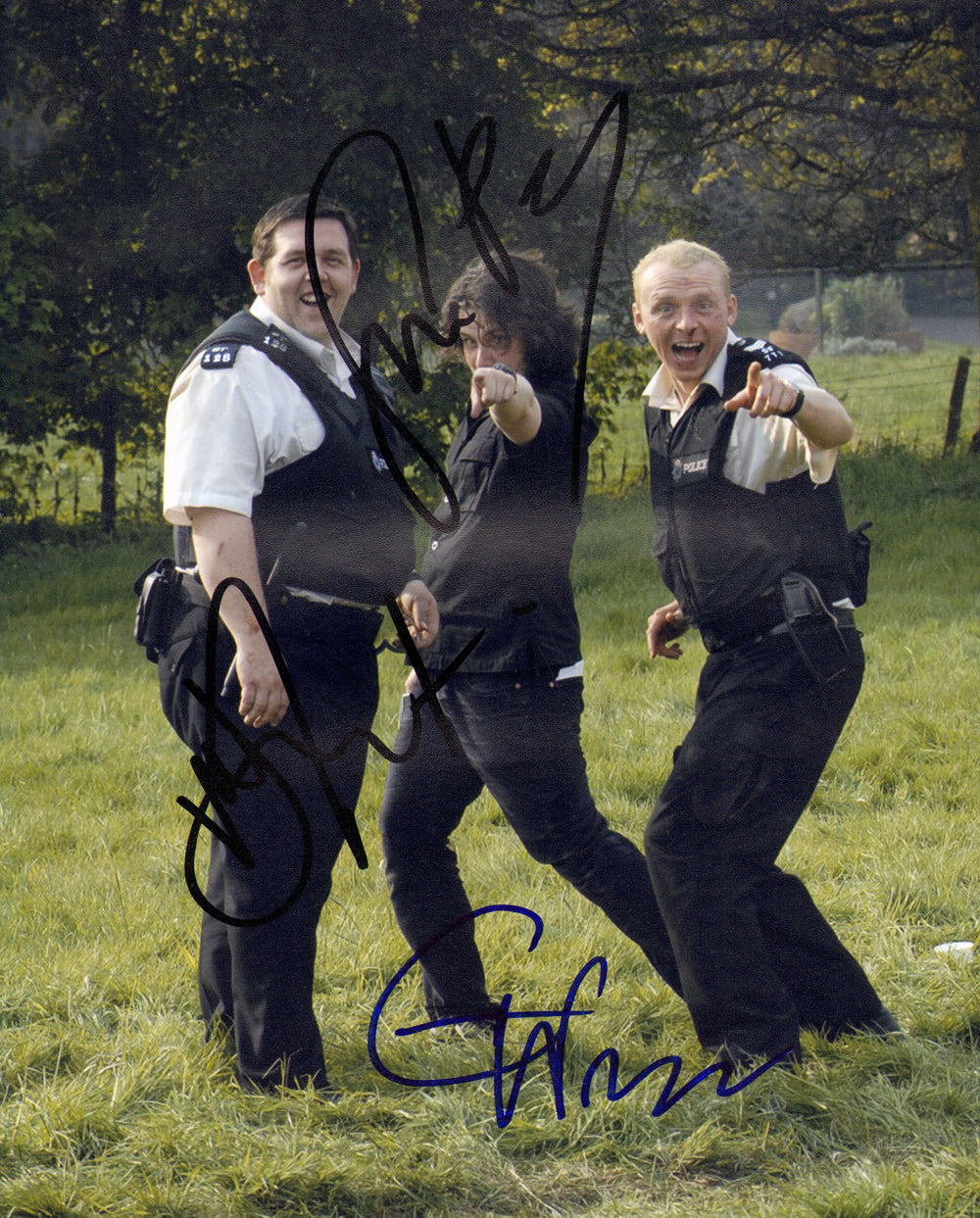 Simon Pegg as Nicholas Angel, Nick Frost as Danny Butterman, & Edgar Wright Director of Hot Fuzz Signed 8x10 Photo