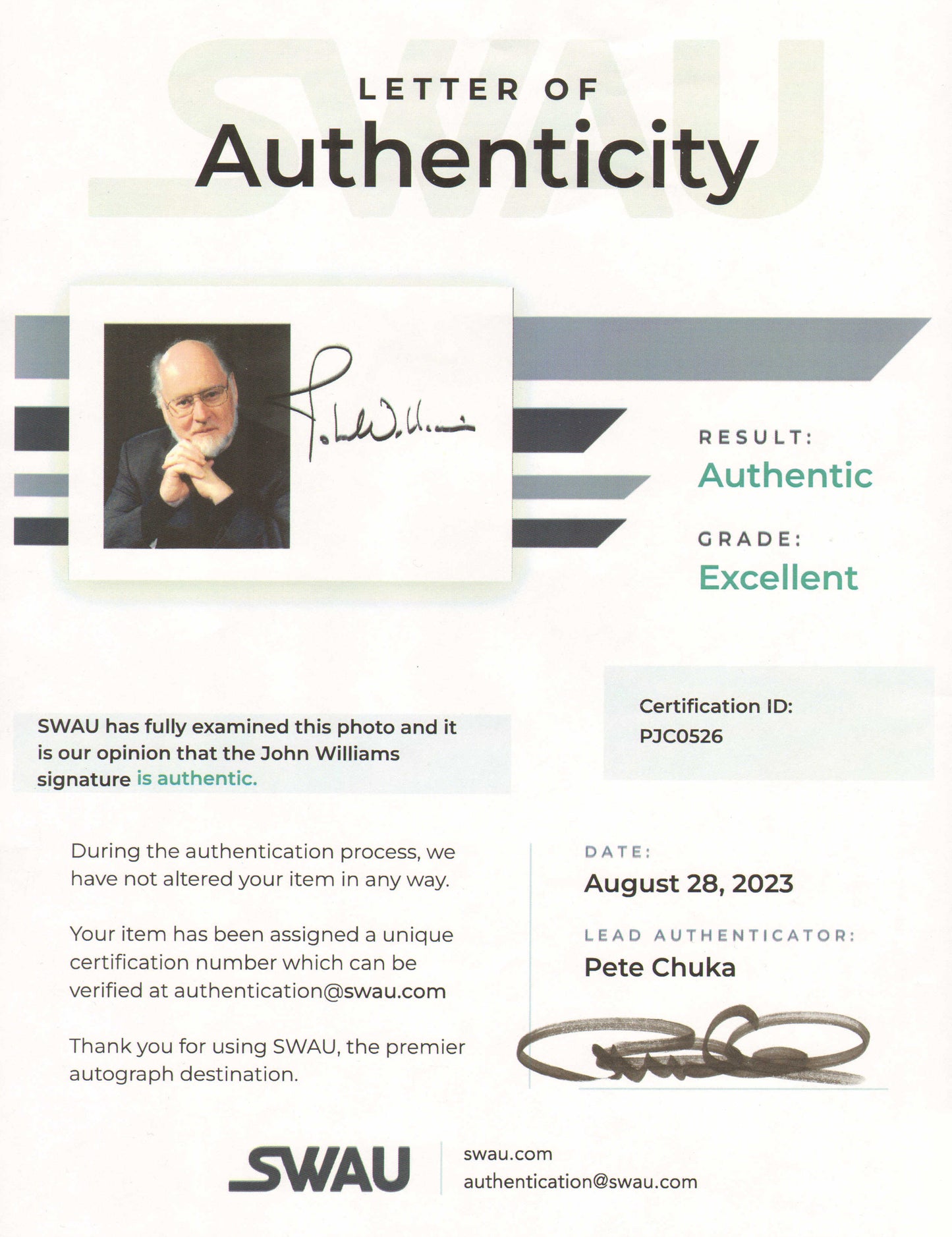 
                  
                    John Williams Composer of Star Wars, Indiana Jones, Superman, Harry Potter, Jurassic Park, Jaws, & More Signed 5x7 Photo
                  
                