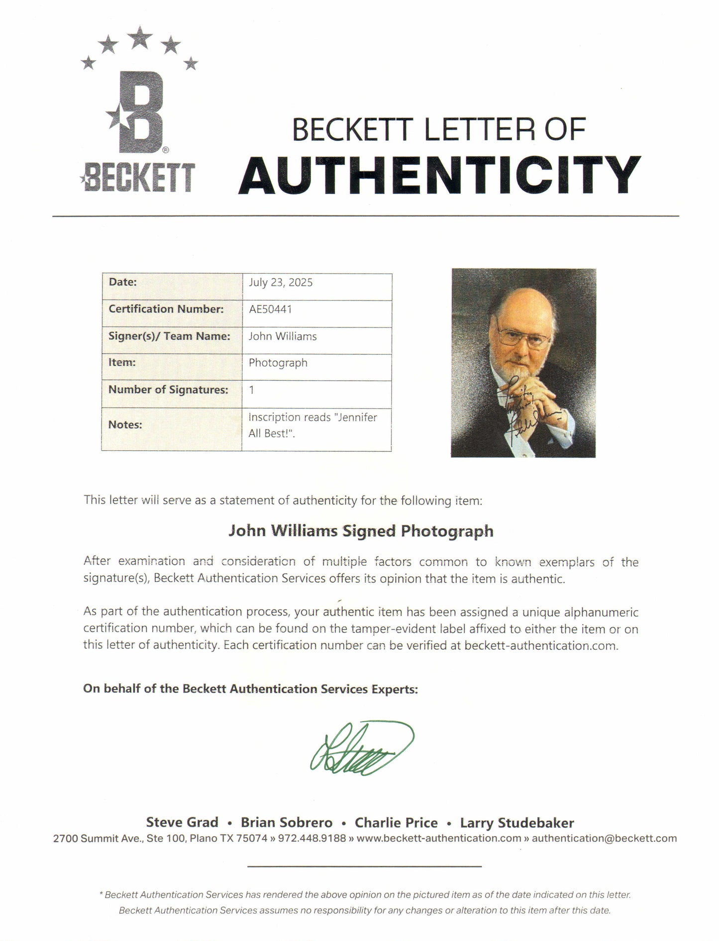 
                  
                    John Williams Composer of Star Wars, Indiana Jones, Superman, Harry Potter, Jurassic Park, Jaws, & More (Beckett) Signed 8x10 Photo
                  
                