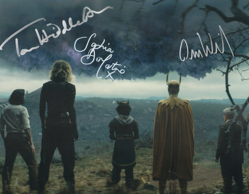 Tom Hiddleston as Loki, Sophia Di Martino as Sylvie, & Owen Wilson as Mobius M. Mobius in Loki Signed 11x14 Photo