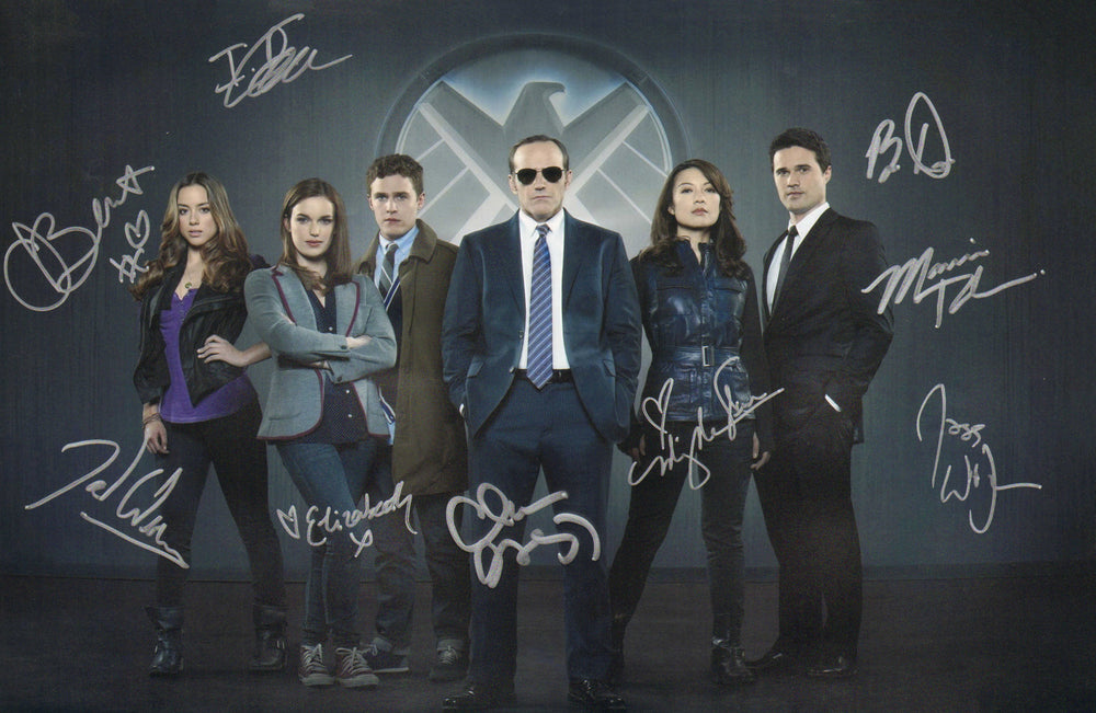 Agents of S.H.I.E.L.D. 12x18 Photo Cast Signed by Chloe Bennet, Brett Dalton, Iain De Caestecker, Clark Gregg, Elizabeth Henstridge, Ming-Na Wen, Maurissa Tancharoen, Jed & Joss Whedon