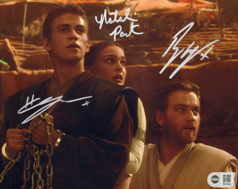 Ewan McGregor as Obi-Wan Kenobi, Natalie Portman as Padme Amidala, & Hayden Christensen as Anakin Skywalker in Star Wars Episode II: Attack of the Clones (SWAU) Signed 8x10 Photo