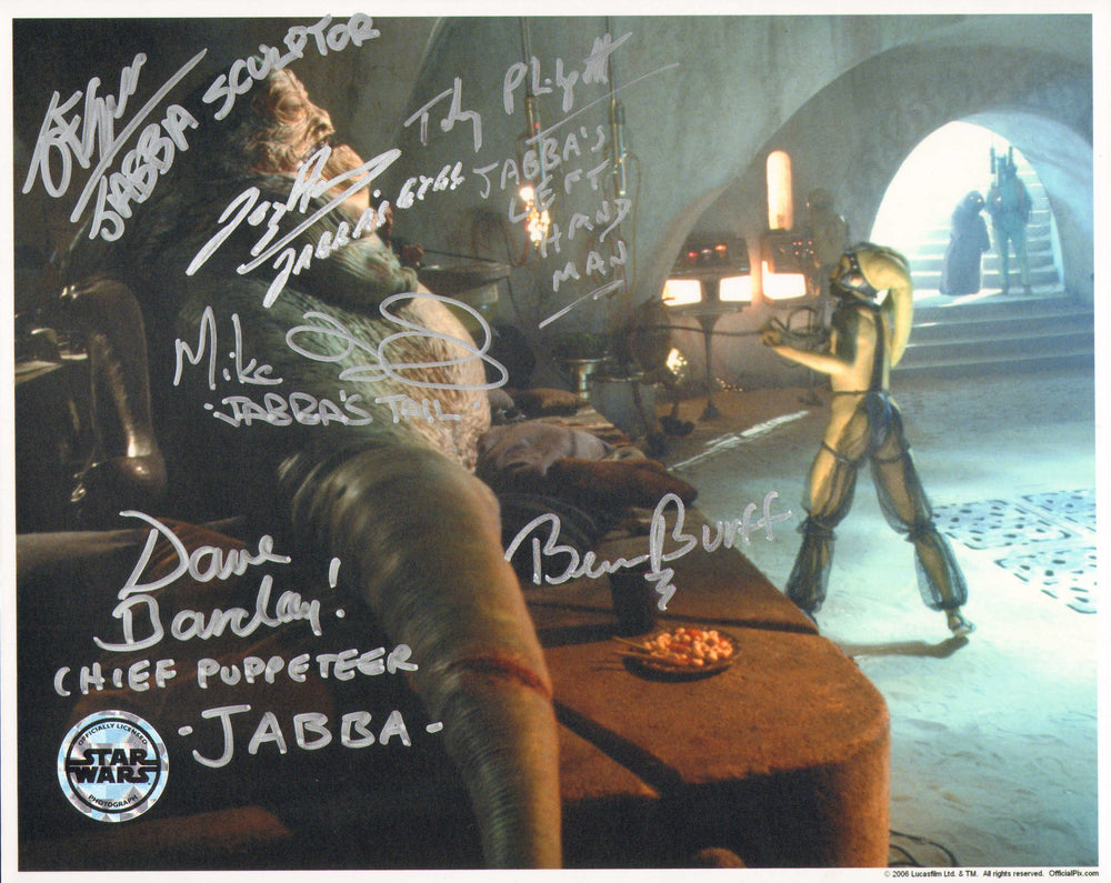 Jabba The Hutt in Star Wars: Return of the Jedi (Official Pix) 8x10 Photo Signed by Jez Harris, Dave Barkley, John Coppinger, Ben Burtt, Toy Philpot, & Mike Edmonds