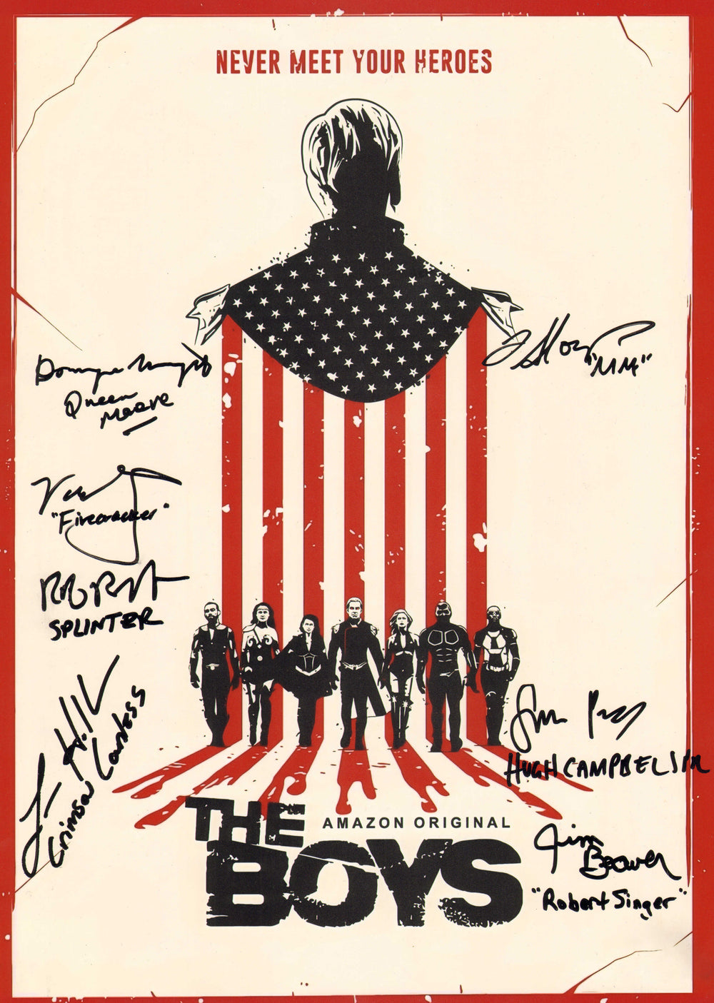 The Boys 11x17 Mini Poster Cast Signed by Simon Pegg, Laz Alonso, Dominique McElligot, Valorie Curry, Laurie Holden, Rob Benedict, & Jim Beaver with Character Names