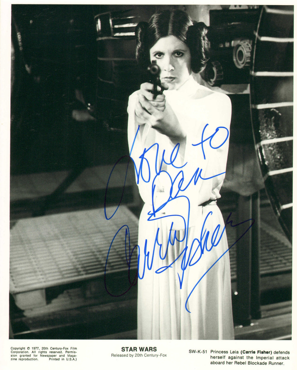 Carrie Fisher as Princess Leia in Star Wars: A New Hope Signed 8x10 Press Photo