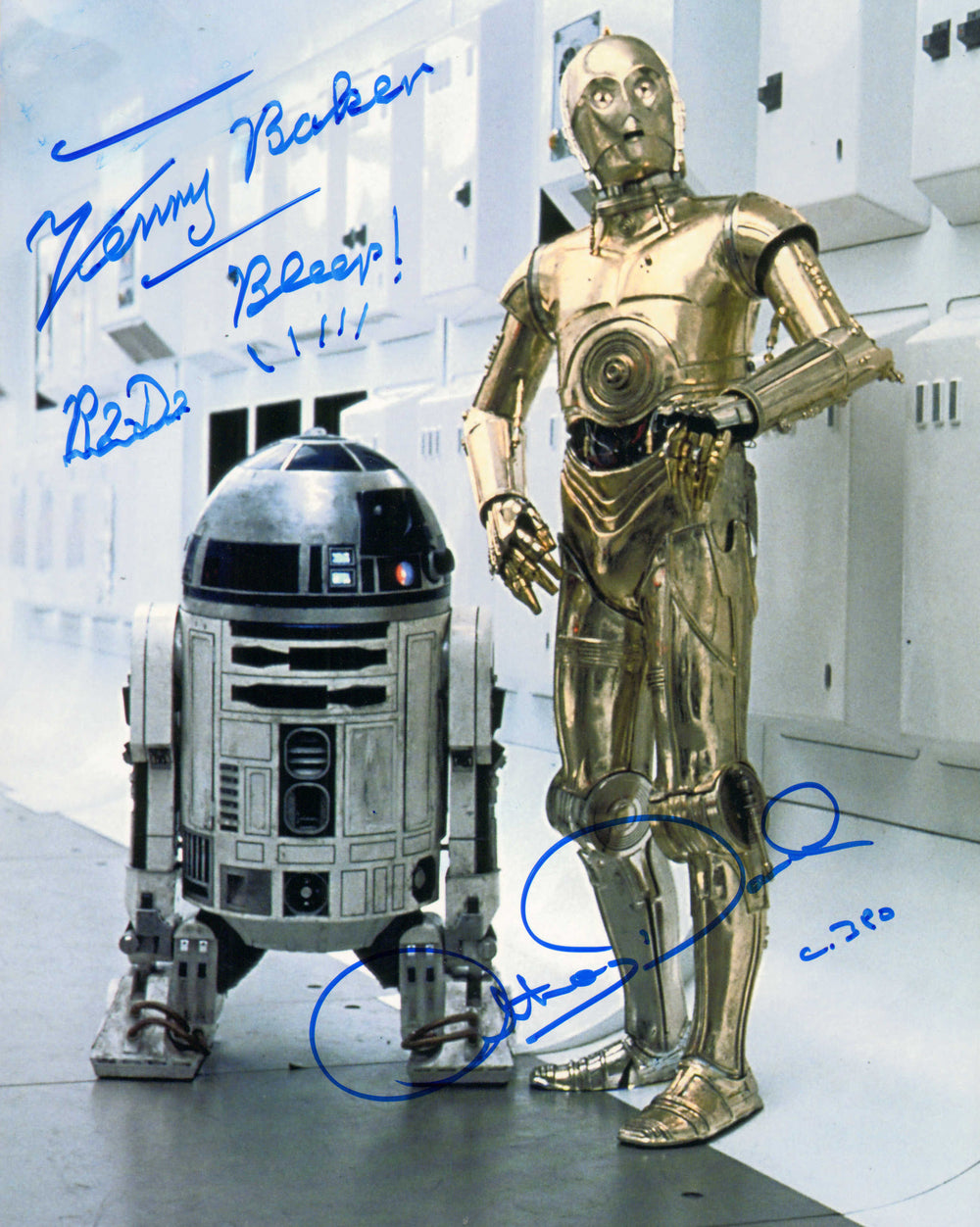 Anthony Daniels as C-3PO & Kenny Baker as R2-D2 in Star Wars: A New Hope Signed 8x10 Photo with Character Names & Quote