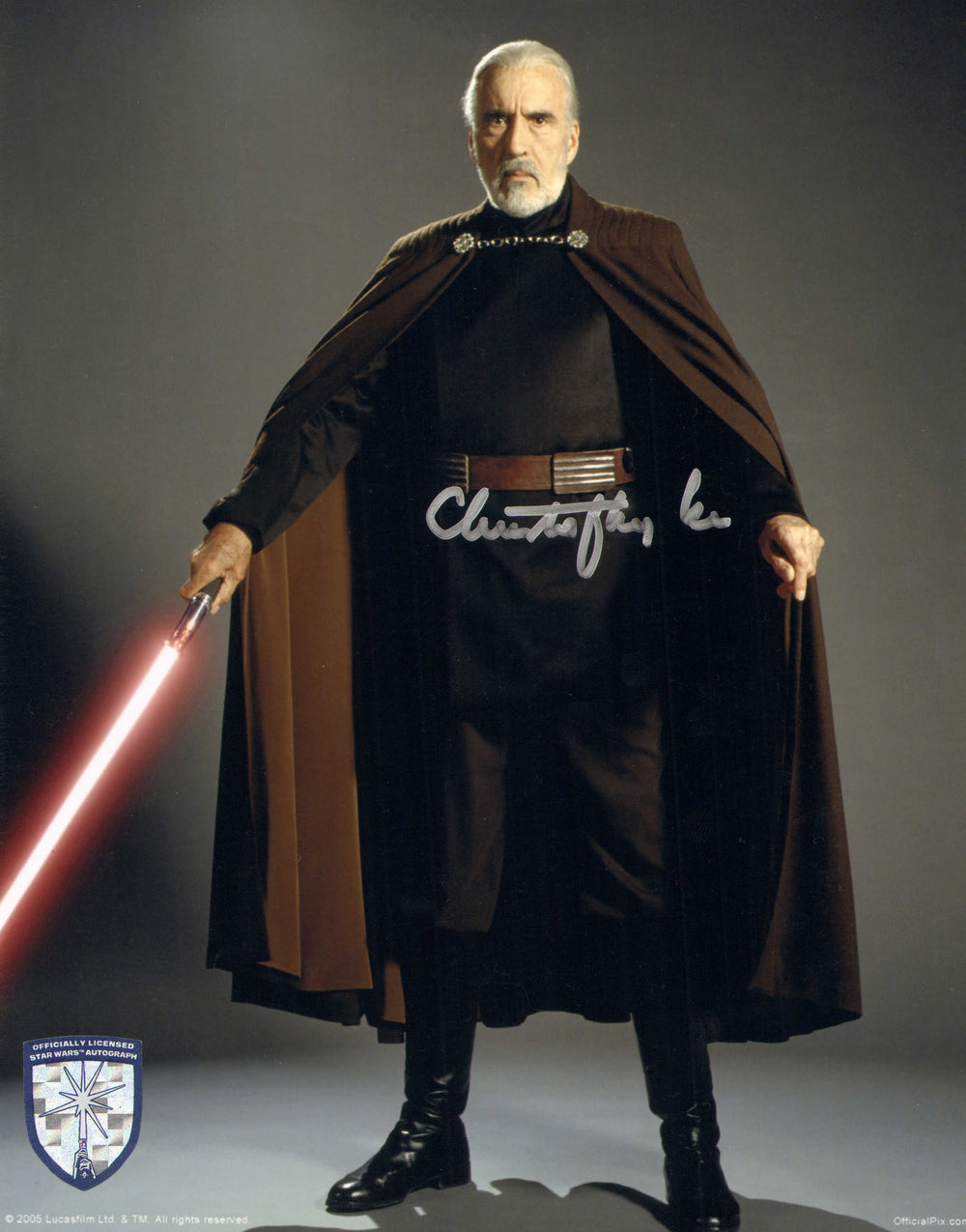 Christopher Lee as Count Dooku in Star Wars Episode II: Attack of the Clones (Official Pix Lightsaber Shield) Signed 8x10 Photo