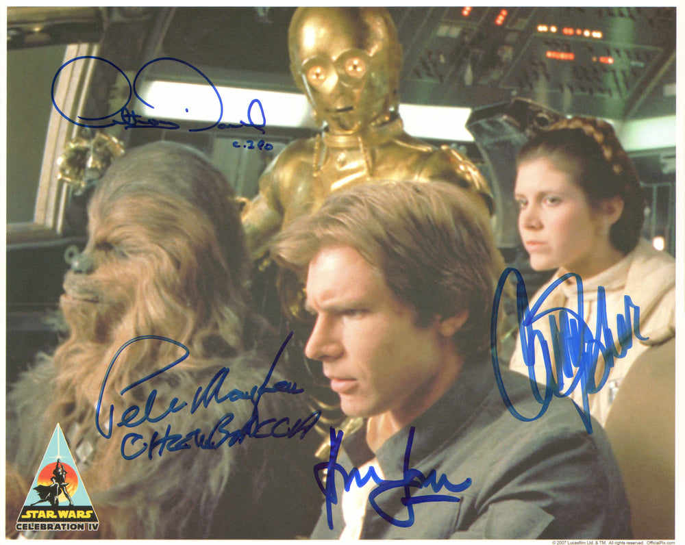 Star Wars: The Empire Strikes Back (Official Pix Celebration IV) 8x10 Photo Cast Signed by Harrison Ford, Carrie Fisher, Peter Mayhew, & Anthony Daniels with Character Names