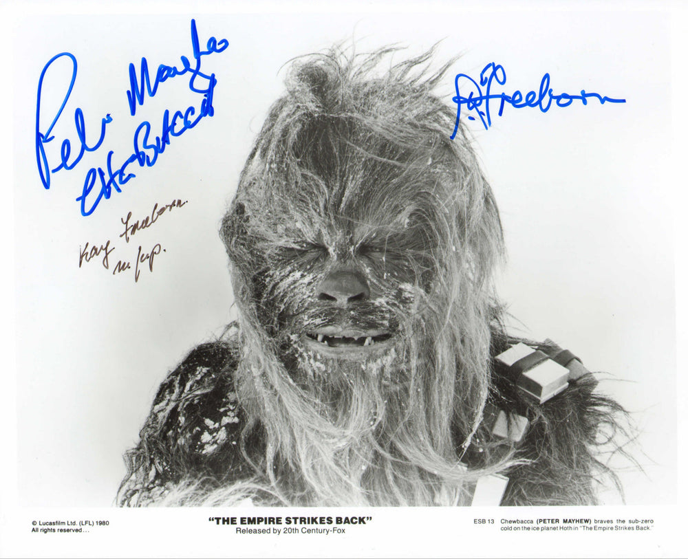 Peter Mayhew as Chewbacca with Stuart & Kay Freeborn Makeup Artist in Star Wars: The Empire Strikes Back Signed 8x10 Press Photo with Character Name