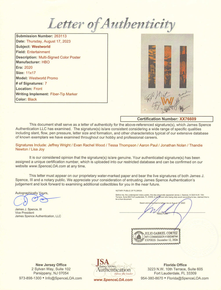 
                  
                    Westworld (JSA) 11x17 Mini Poster Cast Signed by Jeffrey Wright, Evan Rachel Wood, Tessa Thompson, Aaron Paul, Thandie Newton, and Creators: Jonathan Nolan & Lisa Joy
                  
                