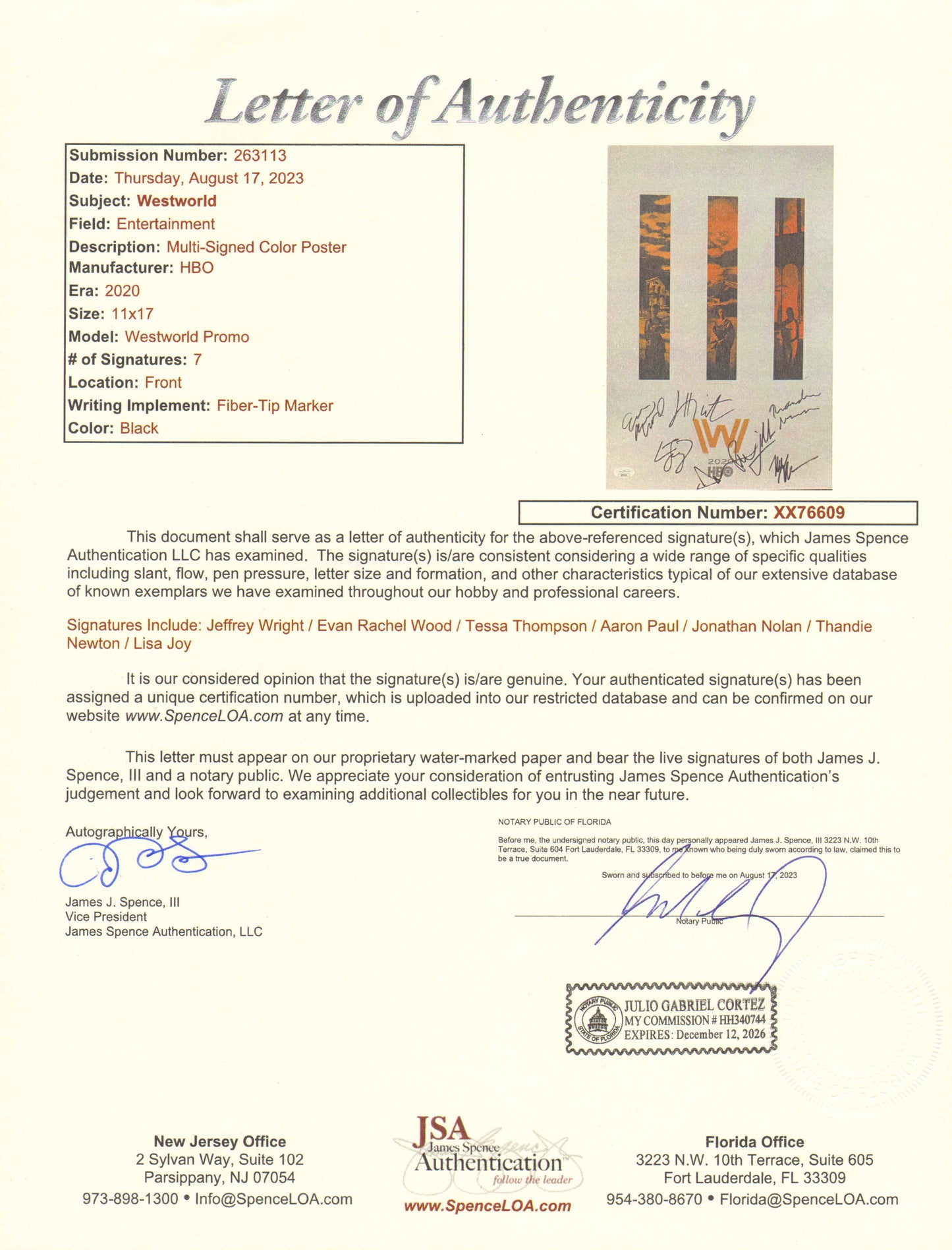 
                  
                    Westworld (JSA) 11x17 Mini Poster Cast Signed by Jeffrey Wright, Evan Rachel Wood, Tessa Thompson, Aaron Paul, Thandie Newton, and Creators: Jonathan Nolan & Lisa Joy
                  
                