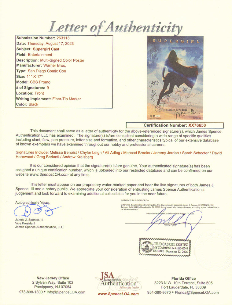 
                  
                    Supergirl (JSA) 11x17 Mini Poster Cast Signed by Melissa Benoist, Chyler Leigh, Ali Adleg, Mehcad Brooks, Jeremy Jordan, Sarah Schecter, David Harewood, Greg Berlanti & Andrew Kreisberg
                  
                