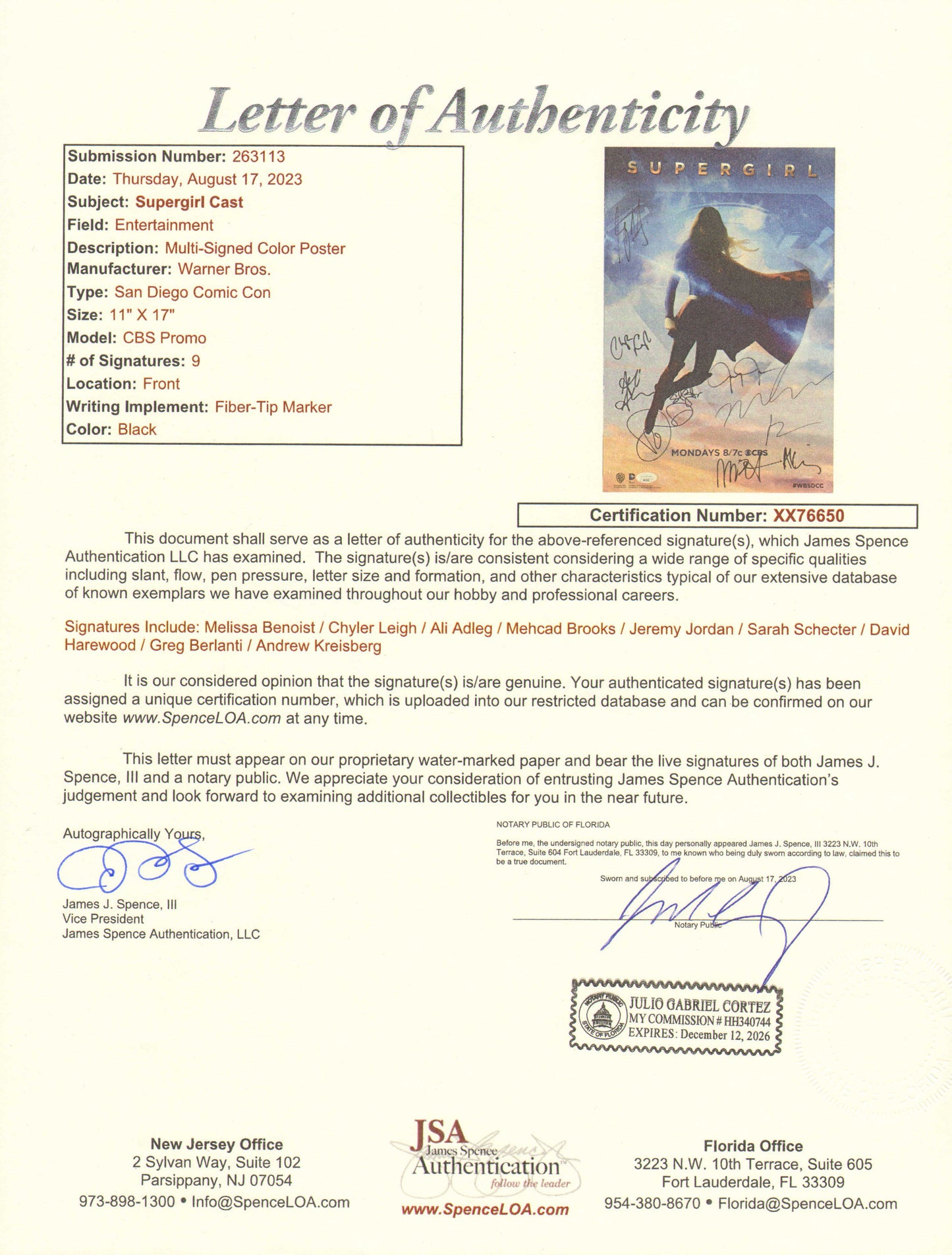 
                  
                    Supergirl (JSA) 11x17 Mini Poster Cast Signed by Melissa Benoist, Chyler Leigh, Ali Adleg, Mehcad Brooks, Jeremy Jordan, Sarah Schecter, David Harewood, Greg Berlanti & Andrew Kreisberg
                  
                