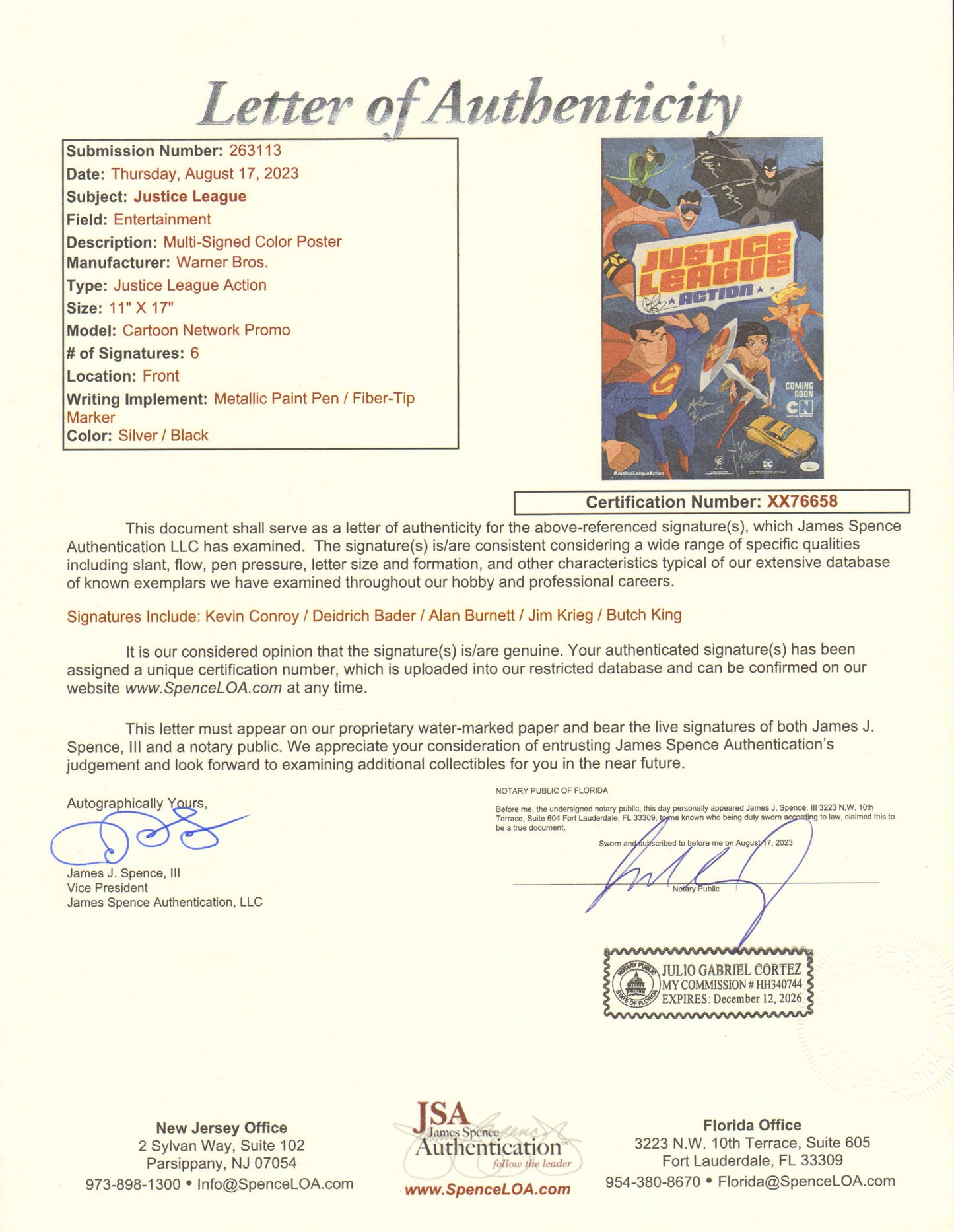
                  
                    Justice League Action 11x17 Mini Poster (JSA) Cast Signed by Kevin Conroy, Deidrich Bader, Alan Burnett, Jim Krieg, & Butch King
                  
                