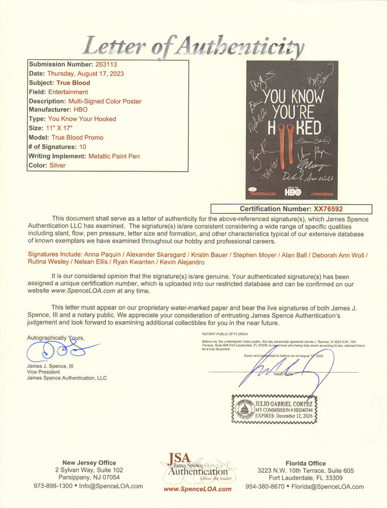 
                  
                    True Blood 11x17 Mini Poster (JSA) Cast Signed by Anna Paquin, Alexander Skarsgard, Kristin Bauer, Stephen Moyer, Alan Ball, Deborah Ann Woll, Rutina Wesley, Nathan Ellis, Ryan Kwanten, & Kevin Alejandro
                  
                