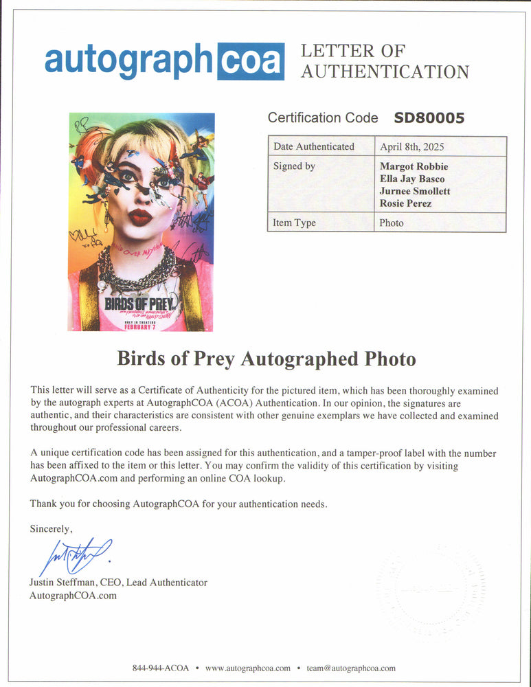 
                  
                    Birds of Prey (ACOA) 13.5x20 Mini Poster Cast Signed by Margot Robbie, Ella Jay Basco, Jurnee Smollet, & Rosie Perez
                  
                