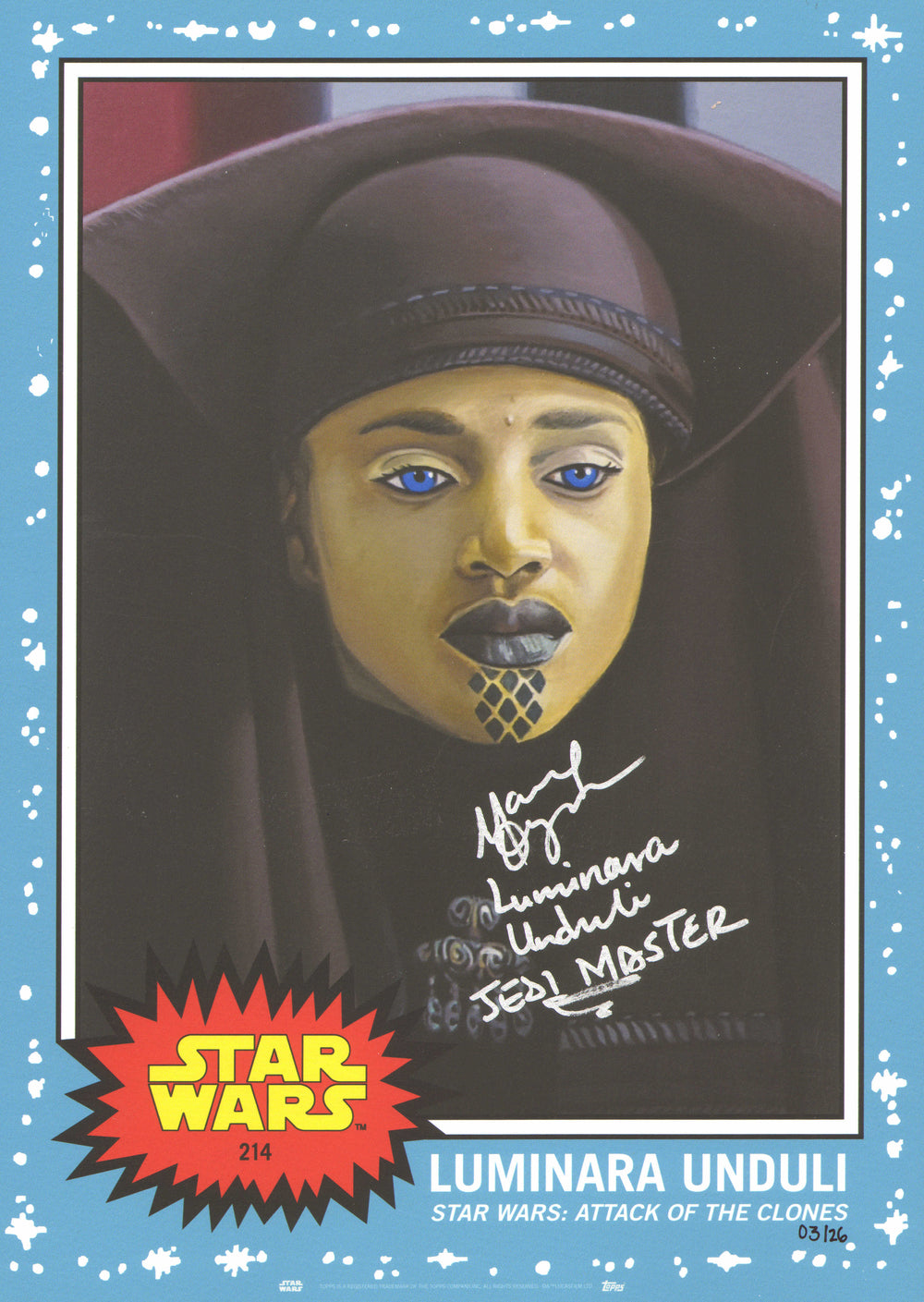 Mary Oyaya as Luminara Unduli in Star Wars Episode II: Attack of the Clones (JSA) Signed 10x14 Topps Living Set Art Print #3/26 with Character Name