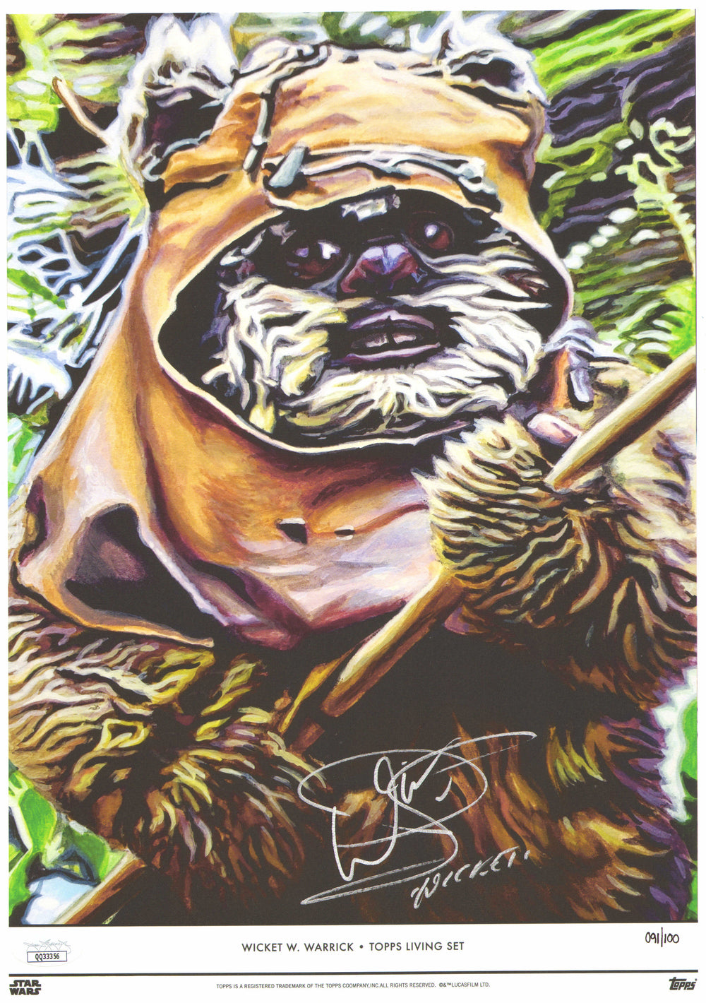 Warwick Davis as Wicket in Star Wars: Return of the Jedi (JSA) Signed 10x14 Topps Living Set Art Print #91/100 with Character Name